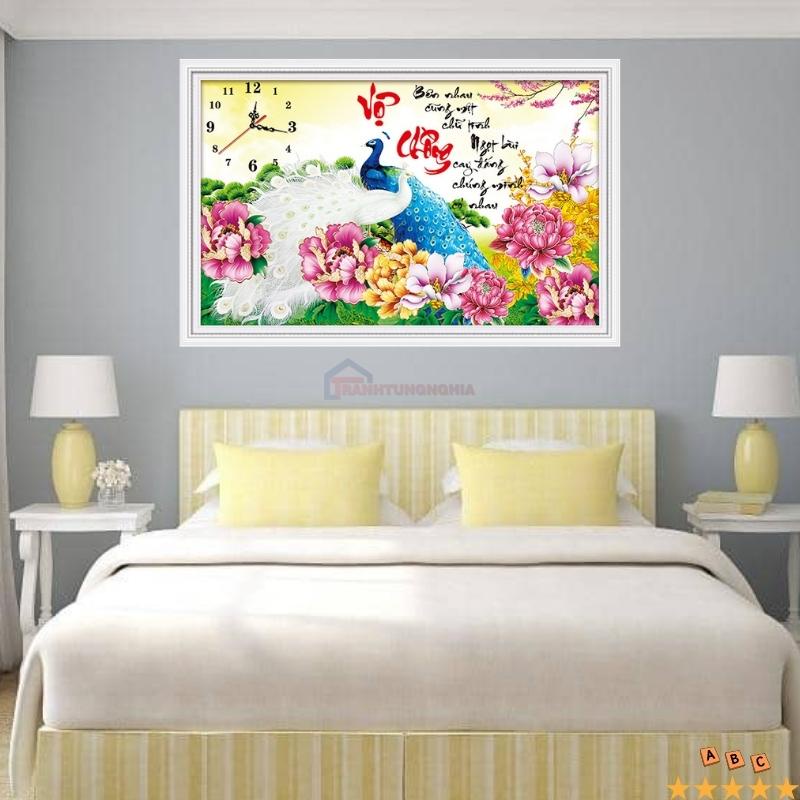 Tranh thêu chữ thập đồng hồ vợ chồng công 59cm x 40cm