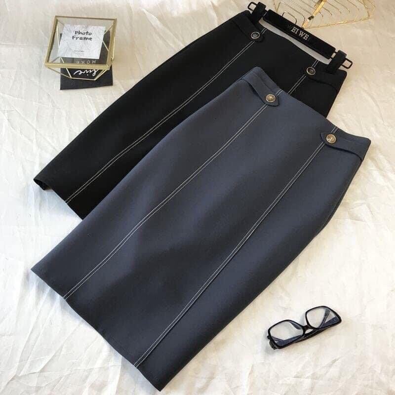 chân váy bút chì phối cúc, chân váy ngang gối chất tuyết mưa cao cấp