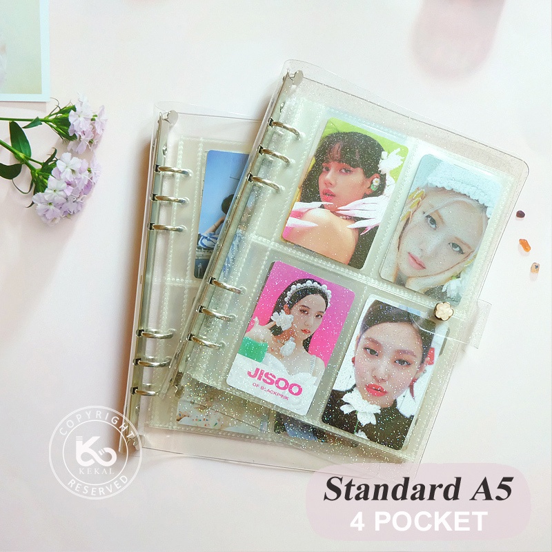 Album khổ A5 bằng PC trong suốt kim tuyến nút hoa đựng thẻ lomo ngôi sao K-POP với 20 ngăn đựng làm bộ sưu tập DIY