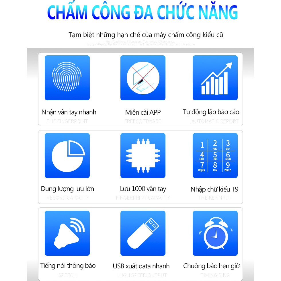 Máy chấm công vân tay + mật mã thông minh (Tặng USB),  không cần tải APP, dung lượng lớn lưu 1000 mẫu vân tay YA13/