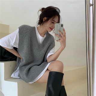 Áo vest gile len mềm mịn màu xám cổ V form rộng dày dặn style Hàn Quốc cá tính