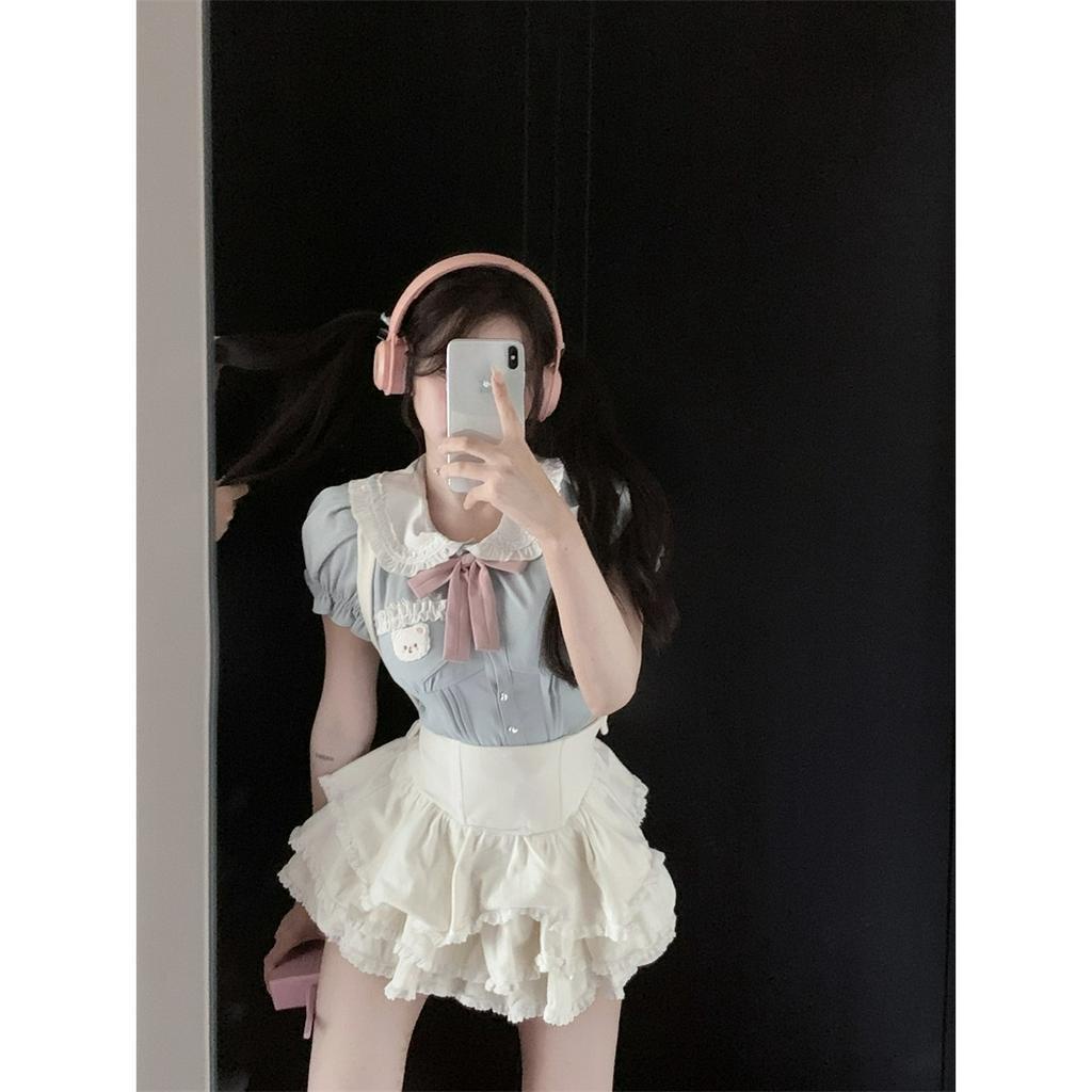 Cocory vn Bộ Áo Tay Phồng Cổ Búp Bê / Chân Váy Lưng Cao Xếp Tầng Đáng Yêu Thời Trang Cho Nữ