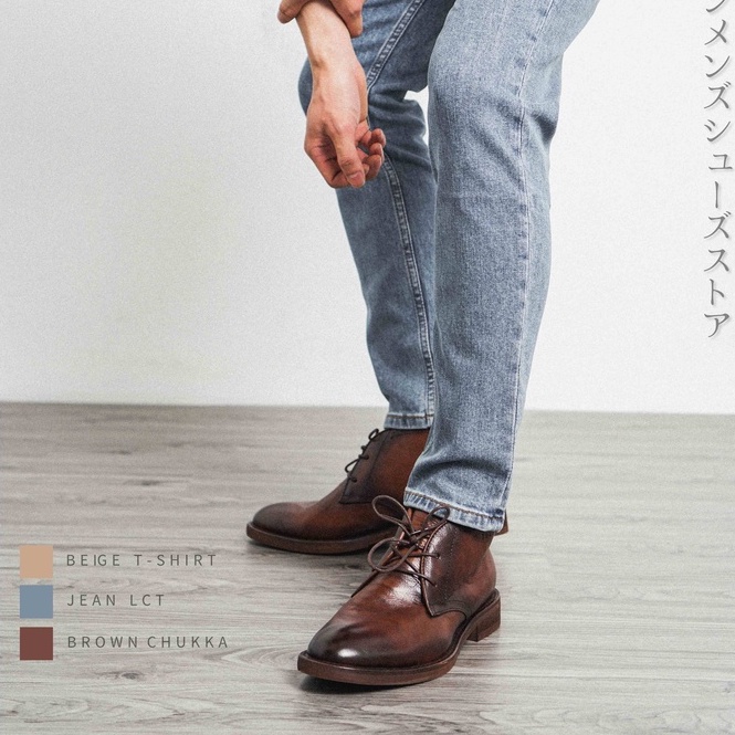Giày boot  nam CHUKKA màu nâu, giày boot da bò thật cổ lửng, giày nam thương hiệu TONKIN