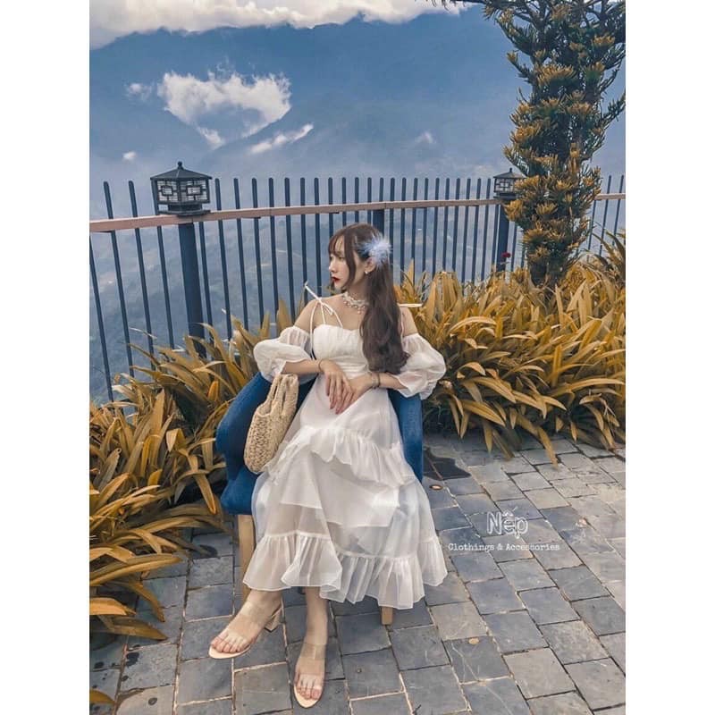 [Ảnh + Clip thật] ĐẦM VÁY MAXI TRẮNG TẦNG TRỄ VAI BOHO VINTAGE BOHEMIAN XINH NHƯ CÔNG CHÚA | BigBuy360 - bigbuy360.vn