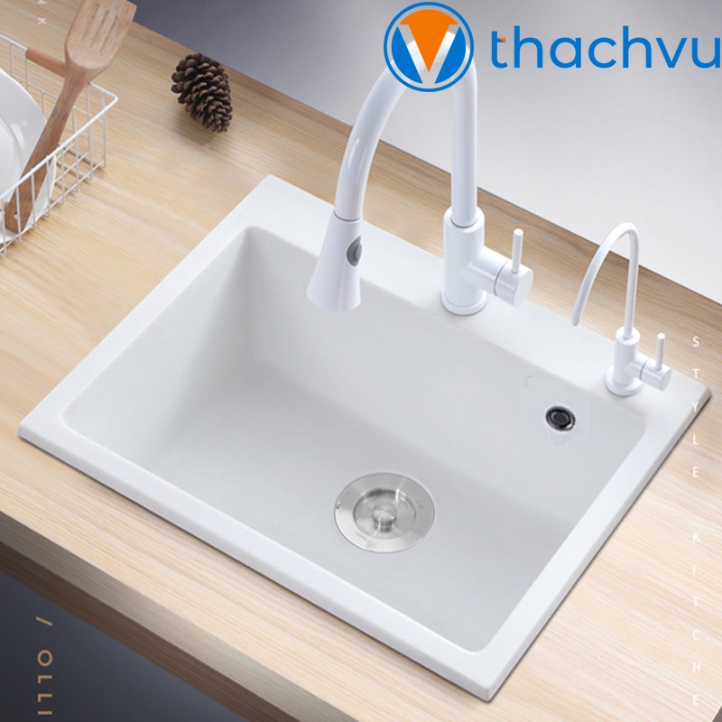 Chậu rửa chén bát bằng đá nhân tạo 56x47 dầy 1cm, chống xước tráng men chống bám bẩn, không ố vàng chống thấm vĩnh viễn.