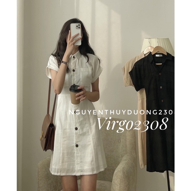 [Ảnh thật/Sẵn]Váy đũi linen chiết eo túi ngực cúc gỗ/Đầm linen cổ đức cúc gỗ | BigBuy360 - bigbuy360.vn