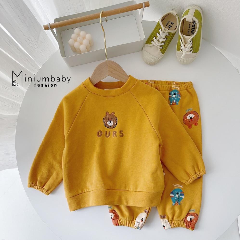 Bộ đồ dài tay quần dài thu đông thêu gấu cho bé gái/trai chất liệu cotton nỉ bông, set quần áo trẻ em MiniumBaby-SB1141