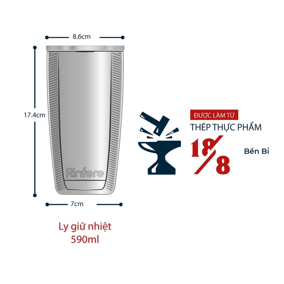 Ly Giữ Nhiệt Nắp Trượt Chống Tràn Rinfere - Tặng Kèm Ống Hút Không Gỉ, Dụng Cụ Vệ Sinh Ông Hút