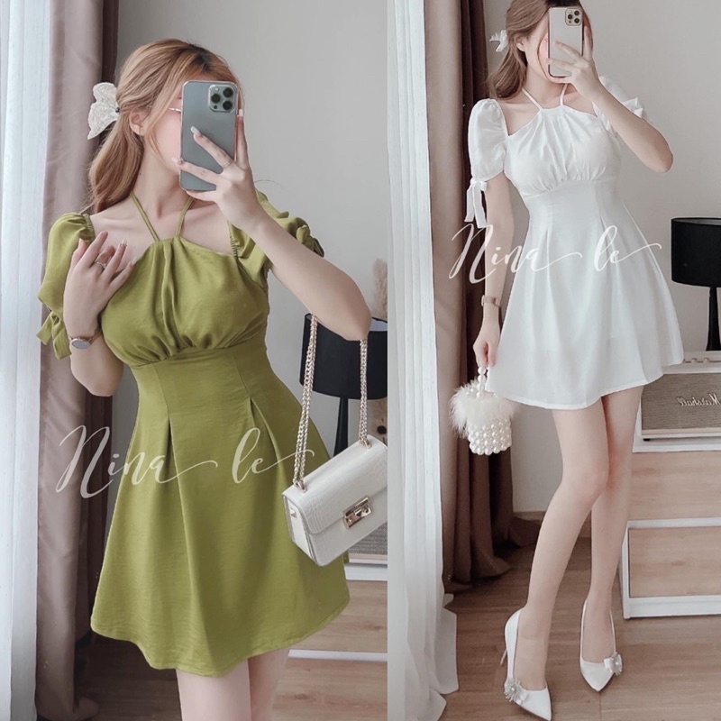 (Hình thật trải sàn) ĐẦM CỔ YẾM TAY CỘT NƠ XANH TRẮNG💦