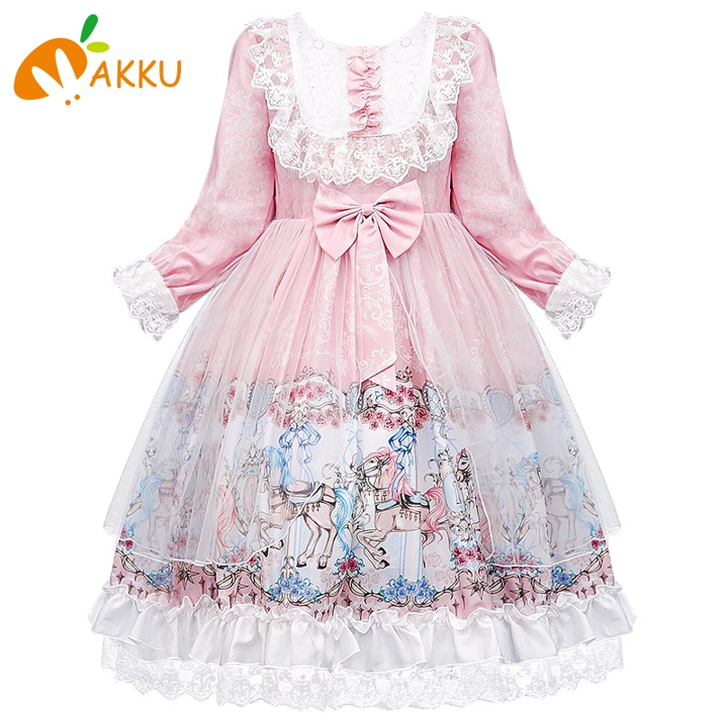 Đầm Công Chúa Dáng Dài Phối Lưới Kẻ Sọc Kiểu Lolita Dễ Thương Cho Bé Gái