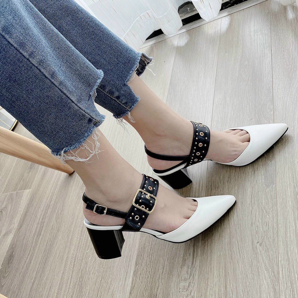 (S145) Sandal nữ cao gót 7 phân bít mũi khuy cài ngang cá tính (Mã TH112 - ĐINH - VNXK)