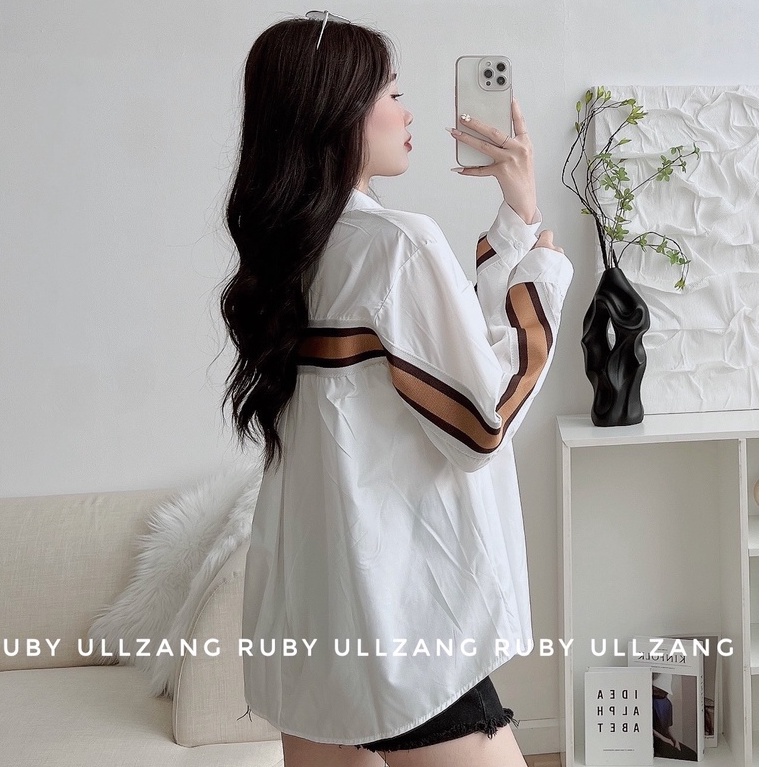 Áo sơ mi nâu viền sau fom rộng cá tính