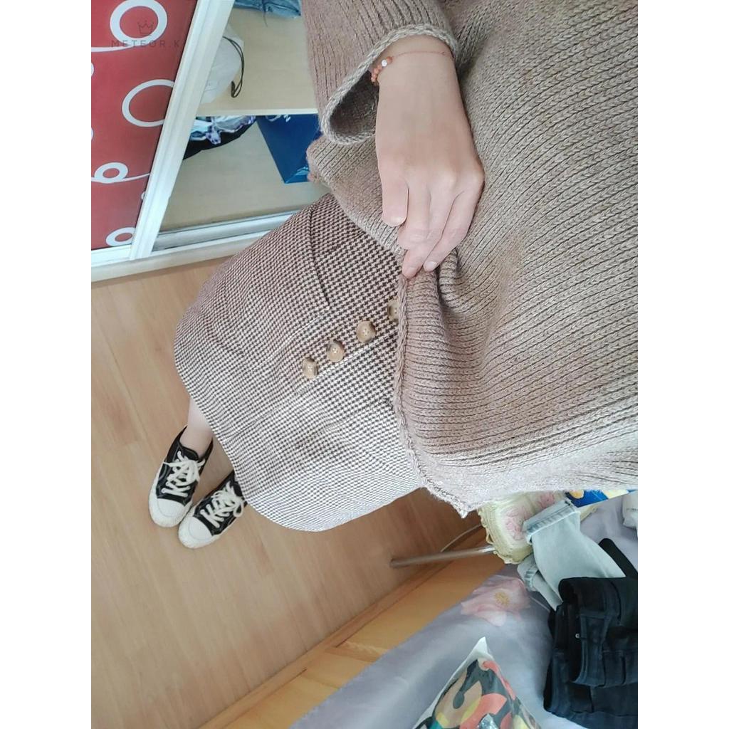 Chân váy chữ A lưng cao họa tiết kẻ sọc ca rô phối túi phong cách Nhật Bản thời trang