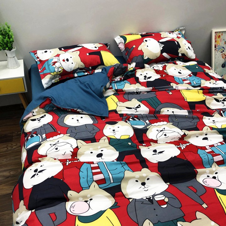 COMBO 4 Món Chăn Ga Gối Cotton Poly Nhập Mẫu ĐÀN CHÓ THÁM TỬ SHIBA INU