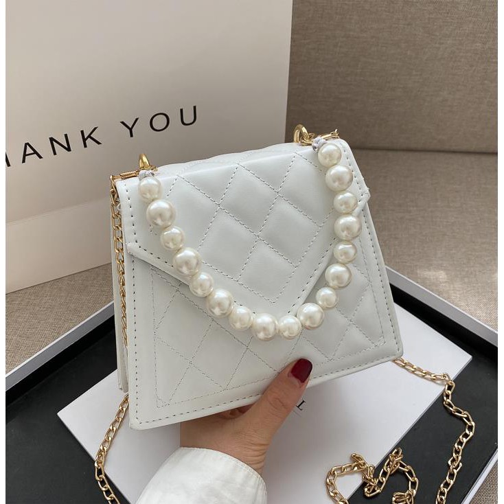 🔥 FREESHIP EXTRA 🔥 Túi xách da PU ❤️BÁN LỖ❤️ Màu trơn phối chuỗi ngọc trai nhân tạo phong cách retro cho nữ DC0011