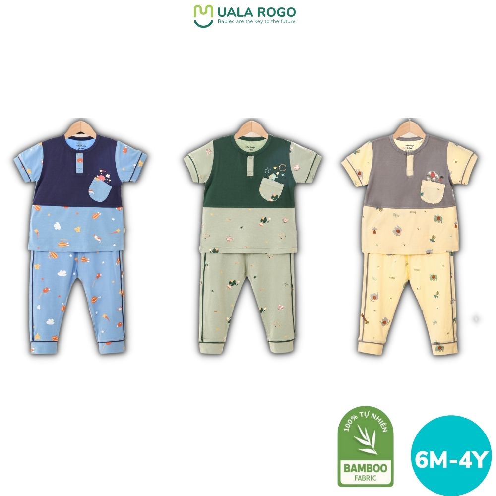 Bộ quần dài áo cộc Ualarogo 6 tháng - 4 tuổi vải sợi tre Bamboo mềm mịn co giãn thoáng mát cổ tròn mặc hè 2069