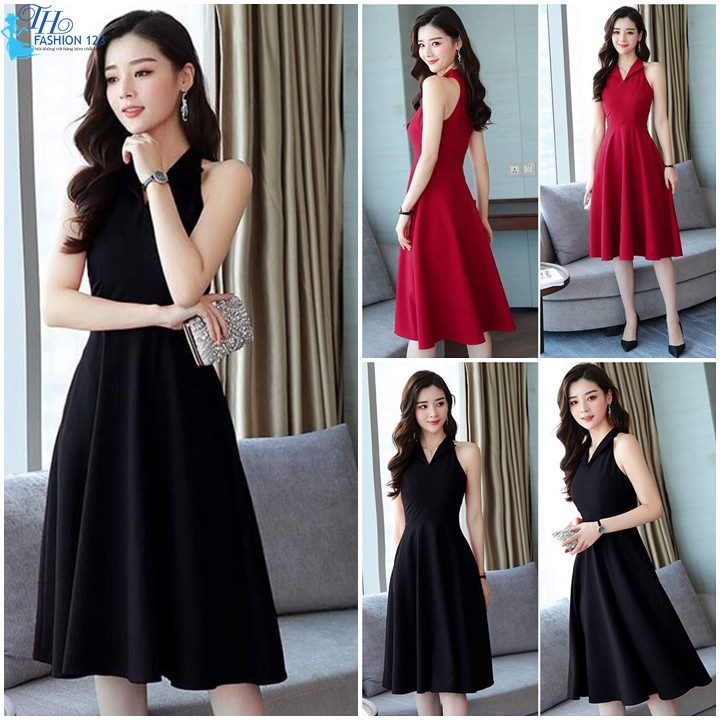 Đầm dự tiệc dạo phố Váy Đầm dáng xòe váy nữ xoè cao cấp sát nách cọc tay cổ lật màu Đỏ và màu Đen