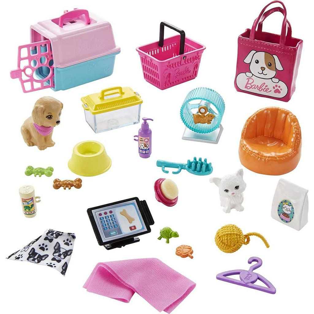 Barbie Doll and Playset, Pet Boutique with 4 Pets, Color-Change Grooming Feature and 20+ Themed Accessories GRG90 Búp Bê Barbie Và Thú Cưng Với 4 Thú Cưng Thay Đổi Màu Sắc Và Phụ Kiện 20 + Chủ Đề GRG90