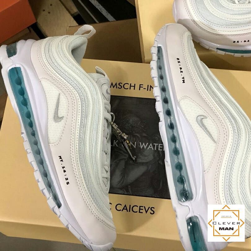 (FULLBOX - TẶNG MÓC KHÓA) Giày thể thao AIR MAX 97 &quot;Jesus shoes&quot; MSCHFx INRI Trắng đế xanh dương