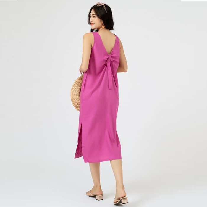 Đầm suông linen dáng yếm nơ lưng vạt tròn trẻ trung, thời trang phong cách Hàn