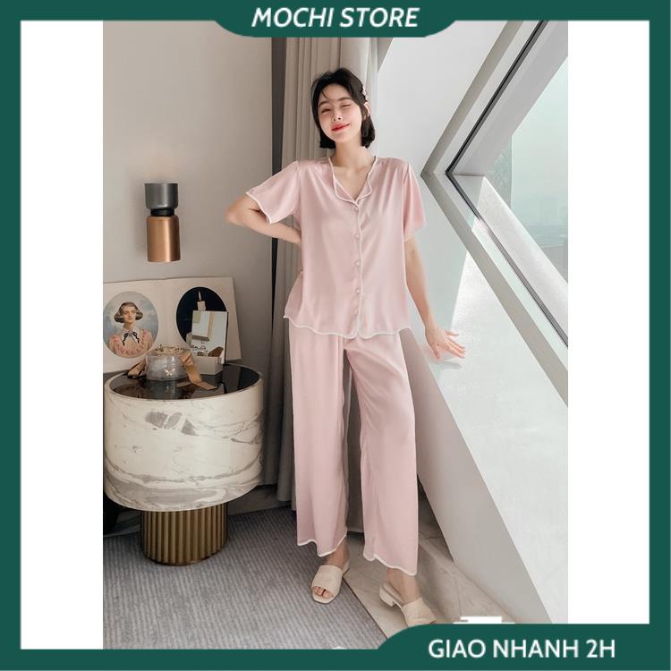 Đồ Pijama, Đồ Bộ Nữ, Bộ Áo Nữ Tay Ngắn Phối Màu Quần Dài Lượn Sóng Chất Lụa Satin Màu Trơn Thời Trang Mặc Nhà Trẻ Trung | BigBuy360 - bigbuy360.vn