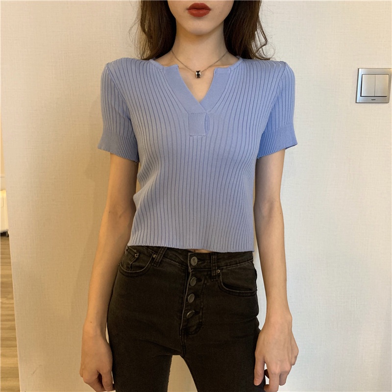 Áo thun tay ngắn croptop CỔ V phong cách Hàn Quốc - AK0037 | steven.factory