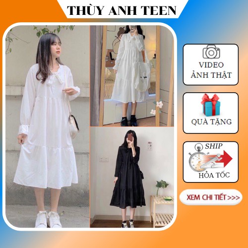 Váy babydoll nữ dài tay buộc nơ cổ dáng suông form rộng cực xinh, Váy Ulzzang 3 tầng dáng dài bo tay