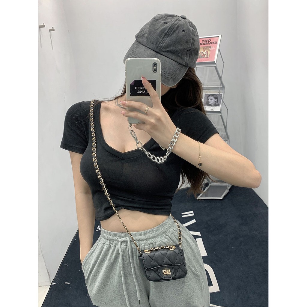 Cocory vn Áo croptop tay ngắn cổ chữ V màu trơn tùy chọn phong cách đơn giản