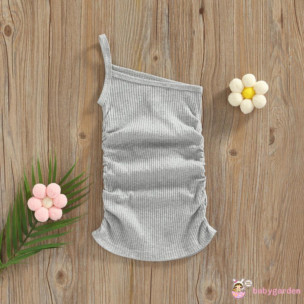 BABYGARDEN-1-6years Baby Girls Casual Dress Solid Color Ribbed Sleeveless Sling One Shoulder Summer Beach Dress