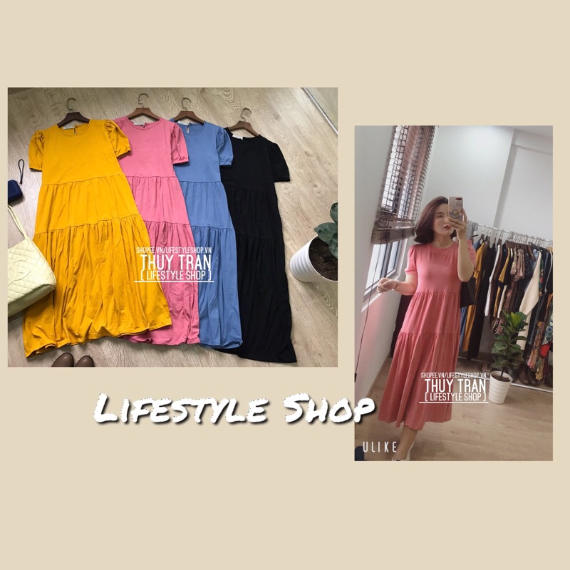 👗Váy thun babydoll cổ tròn cộc tay dáng dài phong rộng rãi chất mát