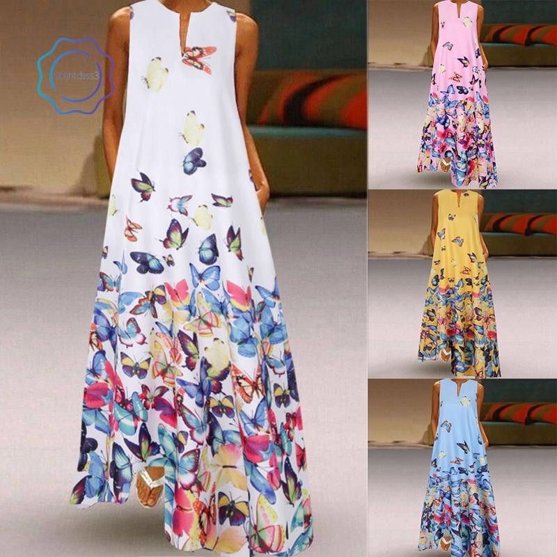 Summer Dress Sleeveless Butterfly Print Maxi Dresses Vintage Women Party Robe Beach Shirt Dress White S