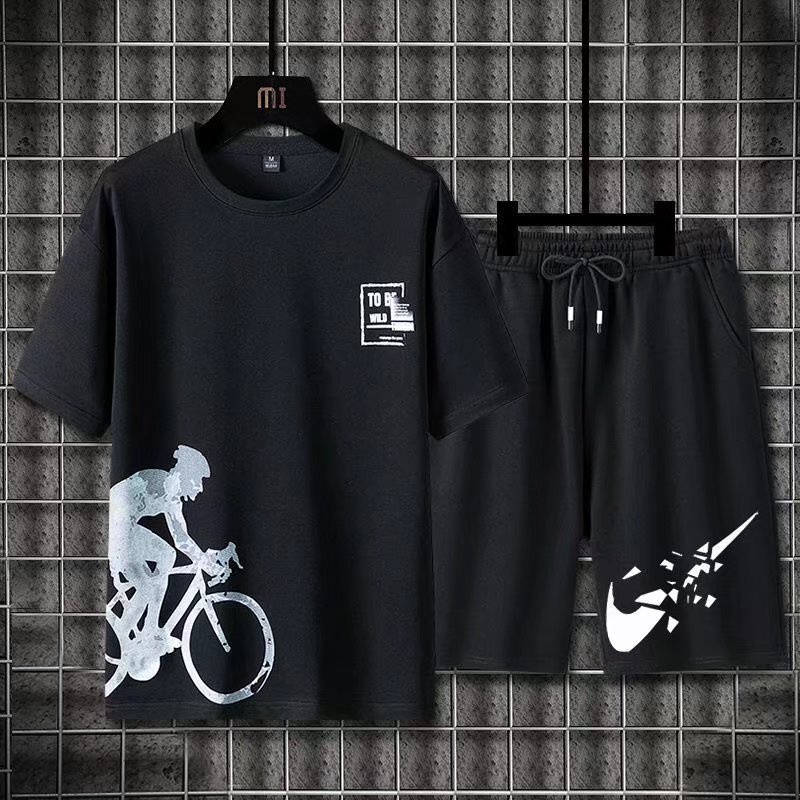 Set Bộ quần áo thể thao nam mẫu mới in hình chạy xe đạp trẻ trung chất thun mè co dãn thấm hút tốt