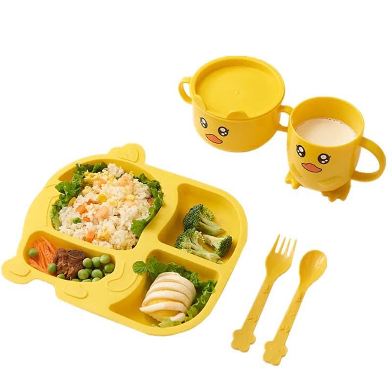 Set khay ăn dặm, cốc, bát hình vịt vàng chất liệu lúa mạch cho bé