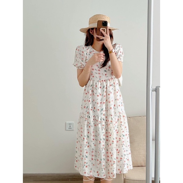 Váy babydoll hoa nhí tay bông, Đầm tiểu thư dáng dài đi chơi đi biển siêu xinh