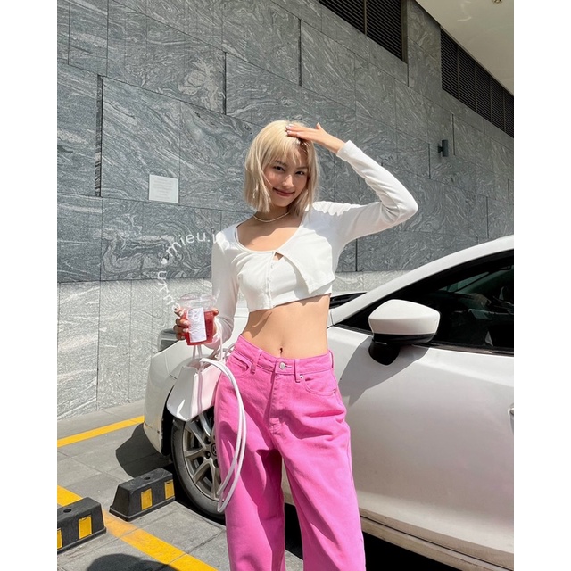 Áo croptop nữ chất thun co giãn tốt tay dài thiết kế gài nút MIEU - JJL07