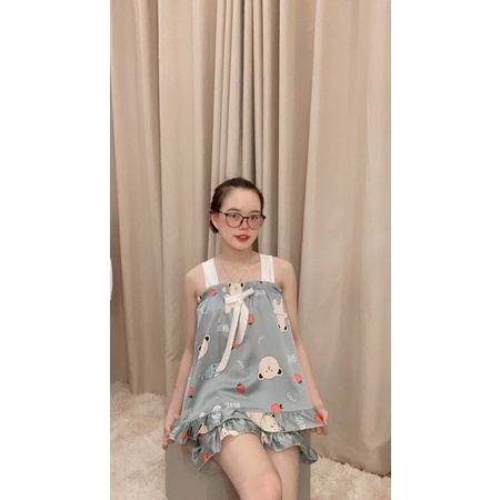 [ Ảnh Thật ] Bộ Ngủ Hai Dây Lụa Satin Hình Cute