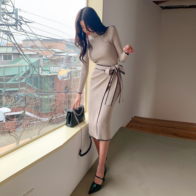 Đầm Midi Dệt Kim Một Mảnh Tay Dài Dáng Ôm Phong Cách Vintage Thanh Lịch Thời Trang Mùa Thu 2021