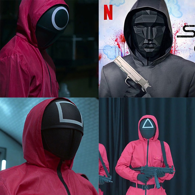 Bộ áo liền quần có mũ trùm với thắt lưng và găng tay kiểu Squid Game cosplay dịp Halloween