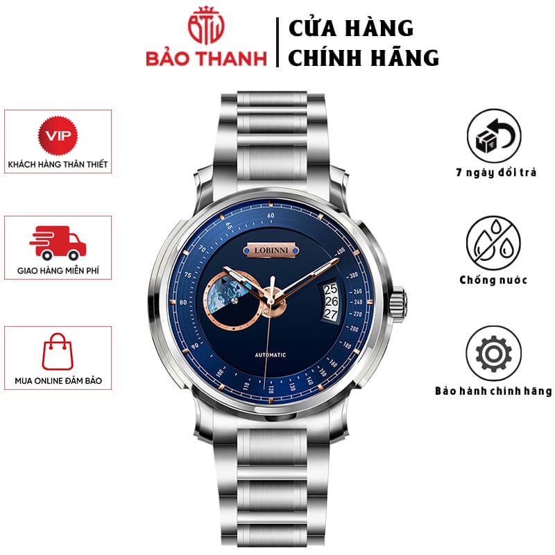 Đồng Hồ Nam LOBINNI No.1751-1 Chính Hãng BH 24T Chịu Nước 50m Kính Chống Xước Dây Thép Không Gỉ (Máy Cơ Tự Động)