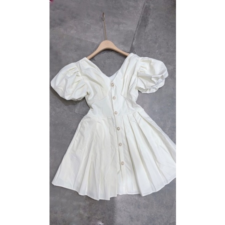 [223] Váy Thô Đũi  2 Lớp   Tay Phồng Cổ V Khuy Ngọc Hàng Đẹp Có Ảnh Thật Kèm Video | BigBuy360 - bigbuy360.vn