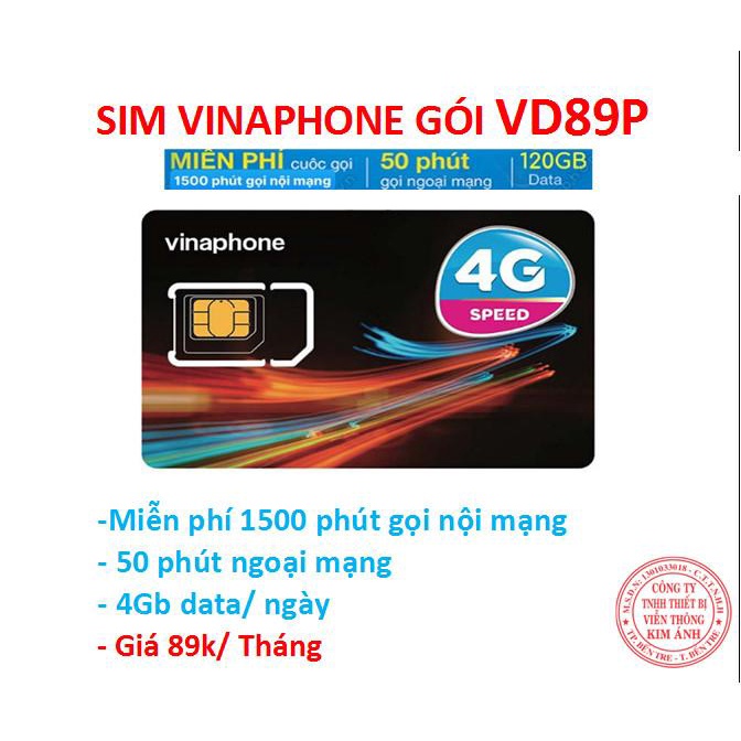 Sim Vinaphone dùng mãi mãi gói Vd89p ưu đãi 4GB/ Ngày + miễn phí gọi chỉ 89k/ tháng, Hàng chính hãng