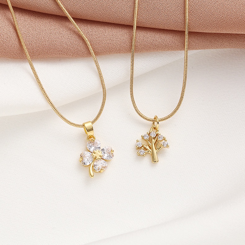 XiaoboACC Vòng Cổ Bằng Thép Không Gỉ Mạ Vàng Hình Cỏ 4 Lá Đính Đá Zircon Thời Trang Không Gây Dị Ứng Cho Nữ - 50cm