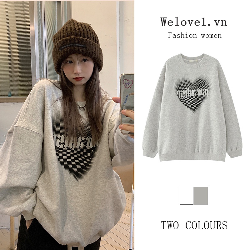Áo sweater Dáng Rộng Phối Nhung Dày In Hình Cờ Vua Trái Tim Thời Trang Mùa Thu 2022 Mới
