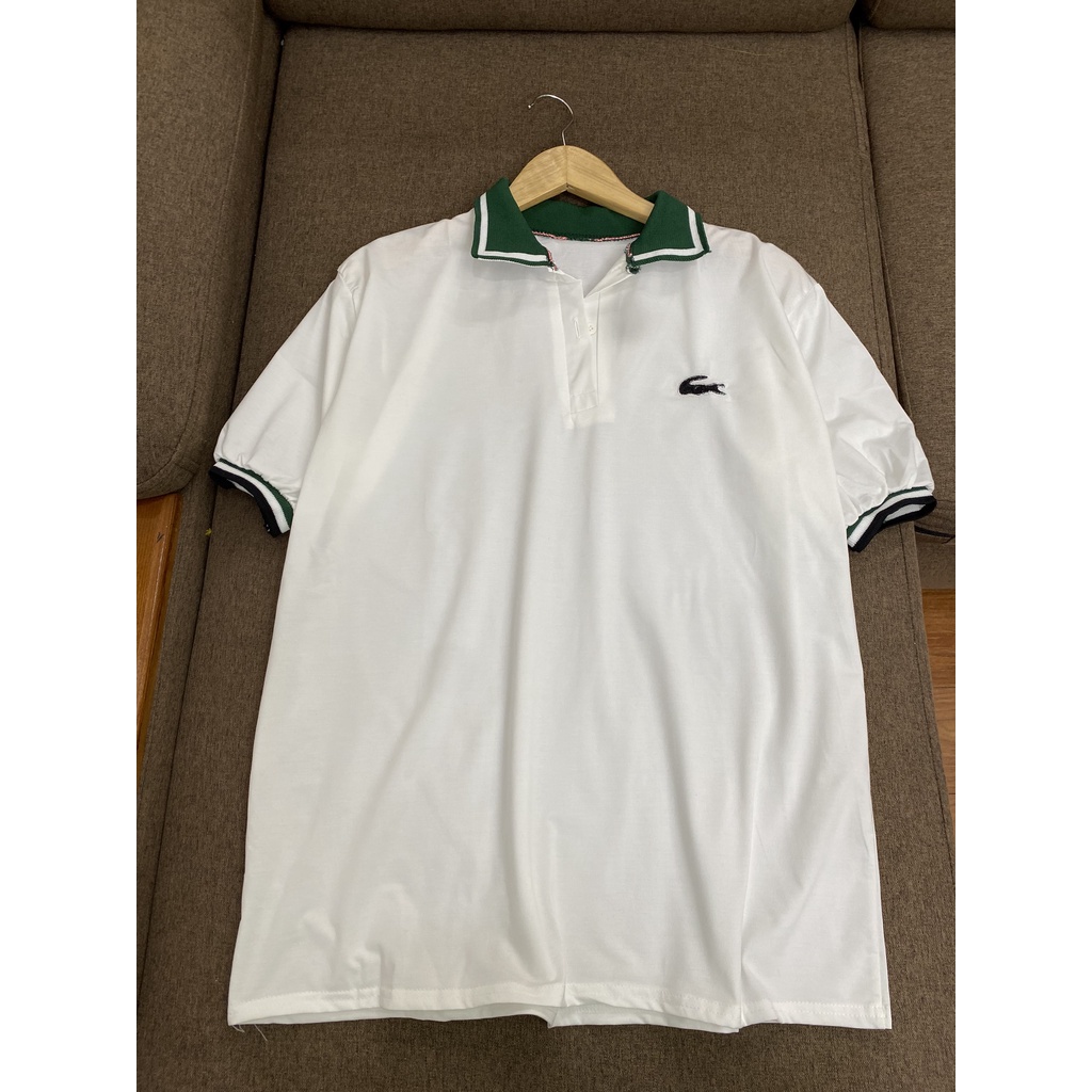 Áo polo trắng phối cổ xanh hoạ tiết cá sấu freesize chất cotton mềm, mịn -  Áo thun cổ sơ mi nam nữ màu trắng tay viền