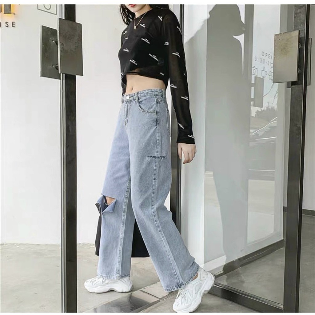 Quần jeans suông rách gối cạp cao đủ size S-M-L Nam Anh 24