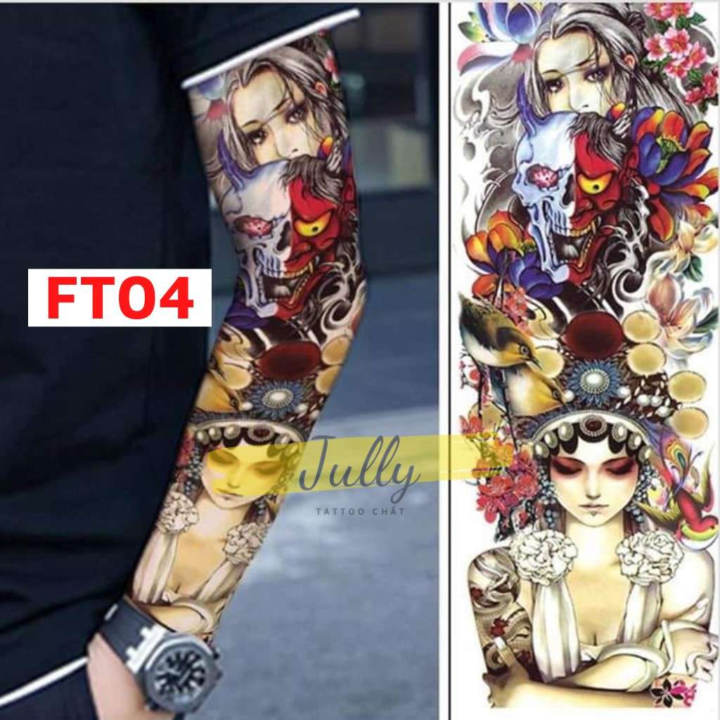 Hình xăm dán kín tay, full, bít tay cô gái nhật Geisha, xăm tạm thời chống nước JULLY Tattoo chất