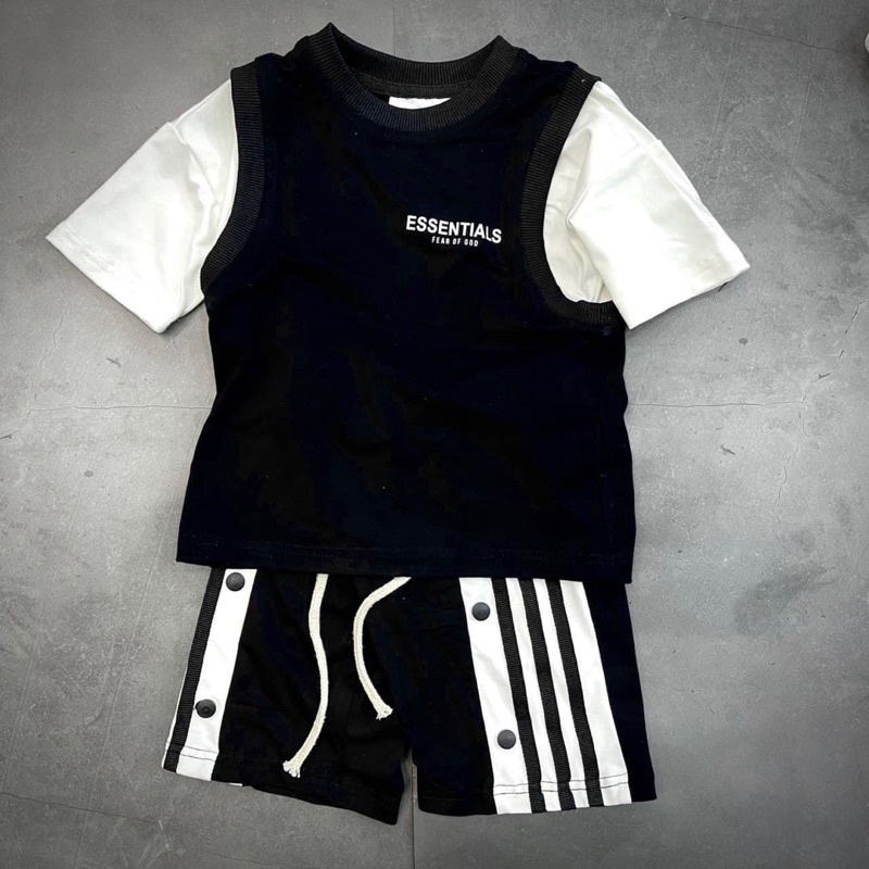 Bộ short phối tay ESSENTIALS bé trai-đen