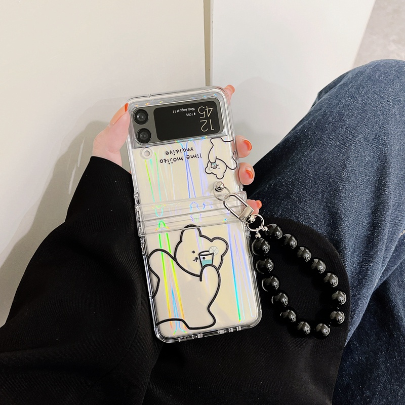 Ốp Điện Thoại Cứng Trong Suốt In Hình Gấu Dễ Thương Kèm Dây Đeo Cho Samsung Galaxy Z Flip 3 Z Flip3 ZFlip3 ZFlip 3