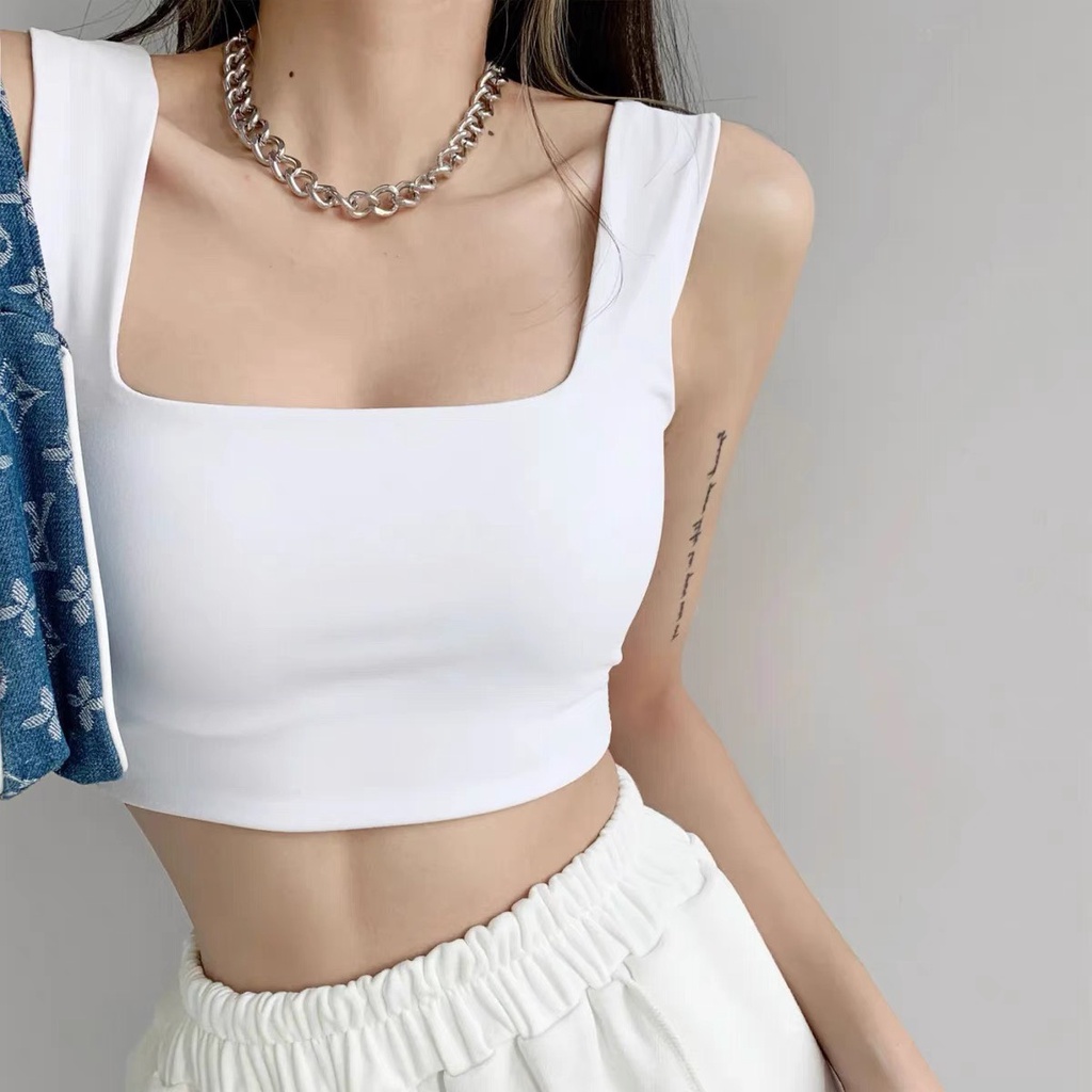 Áo hai dây croptop cổ U chất cotton may 2 lớp vải , áo thun body dáng lửng LUMA 031