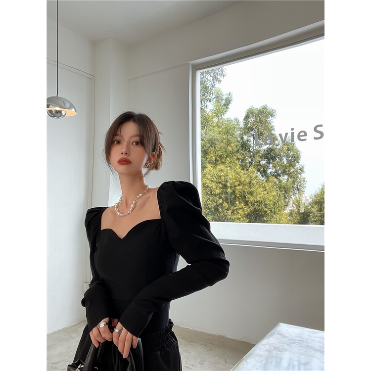 Áo Thun Tay Dài Phồng Dáng Ôm Thời Trang Hàn Quốc Dành Cho Nữ